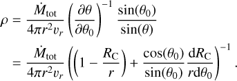 Mathematical equation: $\matrix{ {\rho = {{{{\mathop M\limits^\cdot }_{{\rm{tot}}}}} \over {4\pi {r^2}{\upsilon _r}}}{{\left( {{{\partial \theta } \over {\partial {\theta _0}}}} \right)}^{ - 1}}{{\sin \left( {{\theta _0}} \right)} \over {\sin \left( \theta \right)}}} \hfill \cr {\,\,\, = {{{{\mathop M\limits^\cdot }_{{\rm{tot}}}}} \over {4\pi {r^2}{\upsilon _r}}}{{\left( {\left( {1 - {{{R_{\rm{C}}}} \over r}} \right) + {{\cos \left( {{\theta _0}} \right)} \over {\sin \left( {{\theta _0}} \right)}}{{{\rm{d}}{R_{\rm{C}}}} \over {r{\rm{d}}{\theta _0}}}} \right)}^{ - 1}}.} \hfill \cr } $