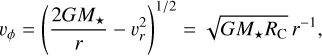 Mathematical equation: ${\upsilon _\phi } = {\left( {{{2G{M_ \star }} \over r} - \upsilon _r^2} \right)^{1/2}} = \sqrt {G{M_ \star }{R_{\rm{C}}}} {r^{ - 1}},$
