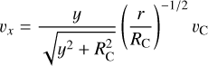 Mathematical equation: ${\upsilon _x} = {y \over {\sqrt {{y^2} + R_{\rm{C}}^2} }}{\left( {{r \over {{R_{\rm{C}}}}}} \right)^{ - 1/2}}{\upsilon _{\rm{C}}}$