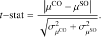 Mathematical equation: $t - {\rm{stat}} = {{\left| {{\mu ^{{\rm{CO}}}} - {\mu ^{{\rm{SO}}}}} \right|} \over {\sqrt {\sigma _{{\mu ^{{\rm{CO}}}}}^2 + \sigma _{{\mu ^{{\rm{SO}}}}}^2} }}.$