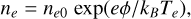 Mathematical equation: $\[n_e=n_{e 0} ~\exp \left(e \phi / k_B T_e\right),\]$