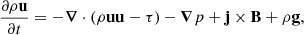 Mathematical equation: $$ \begin{aligned} \frac{\partial \rho \mathbf u }{\partial t}&= -\boldsymbol{\nabla }\cdot (\rho \mathbf u \mathbf u -\tau ) -\boldsymbol{\nabla }p +\mathbf j \times \mathbf B +\rho \mathbf g , \end{aligned} $$