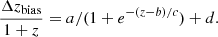Mathematical equation: $$ \begin{aligned} \frac{\Delta z_{\rm bias}}{1+z} = a/(1 + e^{-(z-b)/c}) + d. \end{aligned} $$