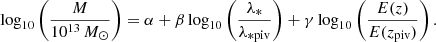 Mathematical equation: $$ \begin{aligned} \log _{10}\left(\frac{M}{10^{13}\,M_\odot }\right) = \alpha + \beta \log _{10}\left(\frac{\lambda _*}{\lambda _{\rm *piv}}\right) + \gamma \log _{10}\left(\frac{E(z)}{E(z_{\rm piv})}\right). \end{aligned} $$