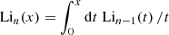Mathematical equation: $ \mathrm{Li}_{n}(x) = \int_{0}^{x} \mathrm{d}t \; \mathrm{Li}_{n-1}(t) \, /t $