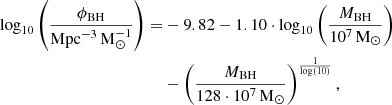 Mathematical equation: $$ \begin{aligned} \begin{aligned} \log _{10}\left( \frac{\phi _\mathrm{BH} }{\mathrm{Mpc} ^{-3} \, \mathrm{M} _{\odot }^{-1}} \right) =&-9.82 - 1.10 \cdot \log _{10}\left( \frac{M_\mathrm{BH} }{10^{7} \, \mathrm{M} _{\odot }} \right) \\&- \left( \frac{M_\mathrm{BH} }{128 \cdot 10^{7} \, \mathrm{M} _{\odot }} \right)^{\frac{1}{\log (10)}}, \end{aligned} \end{aligned} $$