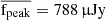 Mathematical equation: $ \overline{\mathrm{f}_{\mathrm{peak}}} = 788\,{\upmu}\mathrm{Jy} $