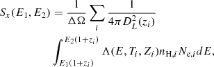 Mathematical equation: $$ \begin{aligned} \begin{split} S_x(E_1, E_2)&=\frac{1}{\Delta \Omega }\sum _i\frac{1}{4\pi D^2_L(z_i)} \\&\int _{E_1(1+z_i)}^{E_2(1+z_i)}\Lambda (E,T_i,Z_i)n_{\mathrm{H},i}N_{\mathrm{e},i}dE, \end{split} \end{aligned} $$