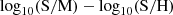 Mathematical equation: $ \log_{10}\rm (S/M)-\log_{10}(S/H) $