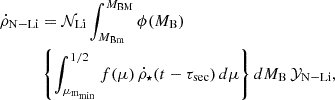Mathematical equation: $$ \begin{aligned} \dot{\rho }_{\mathrm{N-Li}}&= \mathcal{N} _{\mathrm{Li}} \int _{M_{\rm Bm}}^{M_{\mathrm{BM}}} \phi (M_{\mathrm{B}}) \nonumber \\&\left\{ \int _{\mu _{\mathrm{m_{min}}}}^{1/2} f(\mu )\, \dot{\rho }_{\star }(t-\tau _{\mathrm{sec}})\,d\mu \right\} dM_{\mathrm{B}}\, \mathcal{Y} _{\mathrm{N-Li}}, \end{aligned} $$