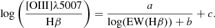 Mathematical equation: $$ \begin{aligned} \log \left(\frac{[\mathrm{OIII}]\lambda 5007}{\mathrm{H}\beta }\right) = \frac{a}{\log (\mathrm{EW}(\mathrm{H}\beta )) + b}+c. \end{aligned} $$