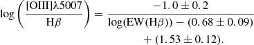 Mathematical equation: $$ \begin{aligned}&\log \left(\frac{[\mathrm{OIII}]\lambda 5007}{\mathrm{H}\beta }\right) = \frac{-1.0\pm 0.2}{\log (\mathrm{EW}(\mathrm{H}\beta )) - (0.68\pm 0.09)} \nonumber \\&\qquad \qquad \qquad \qquad \qquad \qquad \qquad \qquad +(1.53\pm 0.12). \end{aligned} $$