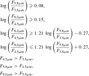 Mathematical equation: $$ \begin{aligned} \begin{aligned}&\log \left(\frac{F_{5.8 \mu m}}{F_{3.6 \mu m}}\right) \geqslant 0.08,\\&\log \left(\frac{F_{8.0 \mu m}}{F_{4.5 \mu m}}\right) \geqslant 0.15 ,\\&\log \left(\frac{F_{8.0 \mu m}}{F_{4.5 \mu m}}\right) \geqslant 1.21 \; \log \left(\frac{F_{5.8 \mu m}}{F_{3.6 \mu m}}\right) - 0.27, \\&\log \left(\frac{F_{8.0 \mu m}}{F_{4.5 \mu m}}\right) \leqslant 1.21 \; \log \left(\frac{F_{5.8 \mu m}}{F_{3.6 \mu m}}\right) + 0.27, \\&F_{4.5 \mu m} > F_{3.6 \mu m} ,\\&F_{5.8 \mu m} > F_{4.5 \mu m}, \\&F_{8.0 \mu m} > F_{5.8 \mu m}. \end{aligned} \end{aligned} $$