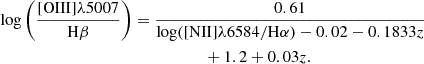 Mathematical equation: $$ \begin{aligned}&\log \left(\frac{[\mathrm{OIII}]\lambda 5007}{\mathrm{H}\beta }\right) = \frac{0.61}{\log ([\mathrm{NII}]\lambda 6584/\mathrm{H}\alpha ) - 0.02 - 0.1833z} \nonumber \\&\qquad \qquad \qquad \qquad \qquad \qquad \qquad \qquad + 1.2 + 0.03z. \end{aligned} $$