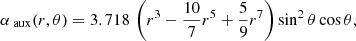 Mathematical equation: $$ \begin{aligned} \alpha _\text{ aux}(r,\theta )&=3.718\, \left( r^3 -\frac{10}{7}r^5 +\frac{5}{9}r^7 \right)\sin ^2\theta \cos \theta ,\end{aligned} $$