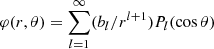 Mathematical equation: $ \varphi(r,\theta) = \sum_{l = 1}^{\infty}(b_l/r^{l+1})P_l (\cos\theta) $