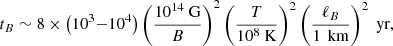 Mathematical equation: $$ \begin{aligned} t_{B} \sim 8\times \left(10^{3}{-}10^{4}\right)\left(\frac{10^{14}\text{ G}}{B}\right)^2\left(\frac{T}{10^8\text{ K}}\right)^2\left(\frac{\ell _{B}}{1\,\text{ km}}\right)^2 \text{ yr}, \end{aligned} $$
