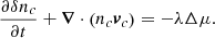 Mathematical equation: $$ \begin{aligned} \frac{\partial \delta n_c}{\partial t} + \boldsymbol{\nabla }\cdot \left(n_c\boldsymbol{v}_c\right)&= -\lambda \Delta \mu . \end{aligned} $$