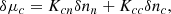 Mathematical equation: $$ \begin{aligned} \delta \mu _c = K_{cn}\delta n_n + K_{cc}\delta n_c , \end{aligned} $$