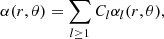 Mathematical equation: $$ \begin{aligned} \alpha (r,\theta )=\sum _{l\ge 1} C_l\alpha _l(r,\theta ), \end{aligned} $$