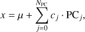 Mathematical equation: $x = \mu + \sum\limits_{j = 0}^{{N_{{\rm{PC}}}}} {{c_j}} \cdot {\rm{P}}{{\rm{C}}_j},$