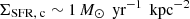 Mathematical equation: $ \Sigma_{\text{SFR, c}} \sim 1\,M_{\odot} \, \text{ yr}^{-1} \, \text{ kpc}^{-2} $