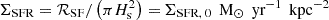 Mathematical equation: $ \Sigma_{\text{SFR}} =\mathcal{R}_{\text{SF}}/\left(\pi H_{\text{s}}^2 \right)\,{=}\,\Sigma_{\text{SFR, 0}} \, \text{ M}_{\odot}\, \text{ yr}^{-1}\,\text{ kpc}^{-2} $
