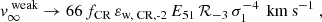 Mathematical equation: $$ \begin{aligned} v_{\infty }^{\text{ weak}} \rightarrow 66\, f_{\text{CR}}\, \varepsilon _{\text{w,} \text{ CR,} \text{-2}} \, E_{51}\, \mathcal{R} _{-3} \, \sigma _{1}^{-4}\, \text{ km} \text{ s}^{-1} \ , \end{aligned} $$