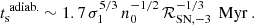 Mathematical equation: $$ \begin{aligned} t_{\text{s}}^{\text{ adiab.}} \sim 1.7\,\sigma _{1}^{5/3}\,n_{0}^{-1/2}\,\mathcal{R} _{\text{SN,} -3}^{-1/3}\,\text{ Myr} ~. \end{aligned} $$