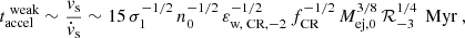 Mathematical equation: $$ \begin{aligned} t_{\text{accel}}^{\text{ weak}} \sim \frac{v_{\text{s}}}{\dot{v}_{\text{s}}} \sim 15 \, \sigma _{1}^{-1/2}\,n_{\text{0}}^{-1/2}\,\varepsilon _{\text{w,} \text{ CR,} -2}^{-1/2}\,f_{\text{CR}}^{-1/2}\,M_{\text{ej,} 0}^{3/8}\,\mathcal{R} _{-3}^{1/4}\,\text{ Myr} ~, \end{aligned} $$