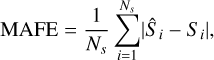 Mathematical equation: ${\rm{MAFE}} = {1 \over {{N_s}}}\mathop \sum \limits_{i = 1}^{{N_s}} \left| {{{\hat S}_i} - {S_i}} \right|,$