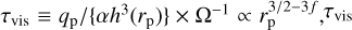 Mathematical equation: ${\tau _{{\rm{vis}}}} \equiv {q_{\rm{p}}}/\left\{ {\alpha {h^3}\left( {{r_{\rm{p}}}} \right)} \right\} \times {\Omega ^{ - 1}} \propto r_{\rm{p}}^{3/2 - 3f},{\tau _{{\rm{vis}}}}$