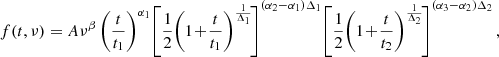 Mathematical equation: $$ \begin{aligned} f(t,\nu ) = A\nu ^{\beta } \left( \frac{t}{t_1} \right)^{\alpha _1}\! \left[ \frac{1}{2} \! \left( 1 \!+\! \frac{t}{t_1} \right)^\frac{1}{\Delta _1}\! \right]^{(\alpha _2 - \alpha _1)\Delta _1} \! \left[ \frac{1}{2}\! \left( 1 \!+ \!\frac{t}{t_2} \right)^\frac{1}{\Delta _2}\! \right]^{(\alpha _3 - \alpha _2)\Delta _2}, \end{aligned} $$
