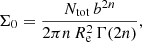 Mathematical equation: $$ \begin{aligned} \Sigma _0=\frac{N_\mathrm{tot} \,b^{2n}}{2\pi n\,R_\mathrm{e} ^2\,\Gamma (2n)}, \end{aligned} $$