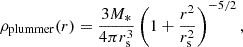 Mathematical equation: $$ \begin{aligned} \rho _\mathrm{plummer} (r) = \dfrac{3M_*}{4\pi r_\mathrm{s} ^3}\left( 1+\dfrac{r^2}{r_\mathrm{s} ^2} \right)^{-5/2}, \end{aligned} $$
