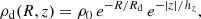 Mathematical equation: $$ \begin{aligned} \rho _\mathrm{d} (R,z)=\rho _0\,e^{-R/R_\mathrm{d} }\,e^{-|z|/h_z}, \end{aligned} $$