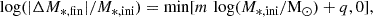 Mathematical equation: $$ \begin{aligned} \log (|\Delta M_{*,\mathrm{fin} }|/M_{*,\mathrm{ini} })=\mathrm{min} [m\,\log (M_{*,\mathrm{ini} }/{\mathrm{M} _{\odot }}) + q,0], \end{aligned} $$