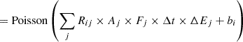 Mathematical equation: $$ \begin{aligned}&=\mathrm{Poisson} \left(\sum _j R_{ij}\times A_{j}\times F_{j}\times \Delta t\times \Delta E_{j}+b_i\right) \end{aligned} $$