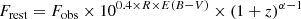 Mathematical equation: $$ \begin{aligned} F_\mathrm{rest} =F_\mathrm{obs} \times 10^{0.4\times R\times E(B-V)}\times (1+z)^{\alpha -1} \end{aligned} $$