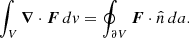 Mathematical equation: $$ \begin{aligned} \int _V \boldsymbol{\nabla } \cdot \boldsymbol{F} \,dv = \oint _{\partial V} \boldsymbol{F} \cdot \hat{n} \,da. \end{aligned} $$