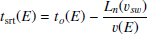 Mathematical equation: $$ \begin{aligned} t_{\rm srt}(E) = t_{o}(E) - \frac{L_n(v_{sw})}{v(E)} \end{aligned} $$