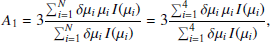Mathematical equation: $$ \begin{aligned} A_1 = 3\frac{\sum _{i=1}^{N} \delta \mu _i \, \mu _i \, I(\mu _i)}{\sum _{i=1}^{N} \delta \mu _i \, I(\mu _i)} = 3\frac{\sum _{i=1}^{4} \delta \mu _i \, \mu _i \, I(\mu _i)}{\sum _{i=1}^{4} \delta \mu _i \, I(\mu _i)}, \end{aligned} $$