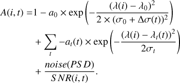 Mathematical equation: $\begin{align*}A(i, t)= & 1-a_{0} \times \exp \left(-\frac{\left(\lambda(i)-\lambda_{0}\right)^{2}}{2 \times\left(\sigma_{0}+\Delta \sigma(t)\right)^{2}}\right) \\& +\sum_{t}-a_{t}(t) \times \exp \left(-\frac{\left(\lambda(i)-\lambda_{t}(t)\right)^{2}}{2 \sigma_{t}}\right)\\ & +\frac{\text { noise }(P S D)}{\operatorname{SNR}(i, t)} \end{align*}$