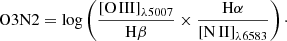 Mathematical equation: $$ \begin{aligned} \mathrm{O3N2} = \log \left(\frac{\mathrm{[O\,III]}_{\lambda 5007}}{\mathrm{H}\beta } \times \frac{\mathrm{H}\alpha }{\mathrm{[N\,II]}_{\lambda 6583}}\right)\cdot \end{aligned} $$