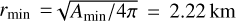 Mathematical equation: \$r_{\text {min }}= \sqrt{A_{\text {min }} / 4 \pi}=2.22 \mathrm{~km}$