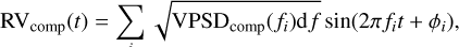 Mathematical equation: $\[\mathrm{RV}_{\text {comp}}(t)=\sum_i \sqrt{\operatorname{VPSD}_{\text {comp}}\left(f_i\right) \mathrm{d} f} ~\sin \left(2 \pi f_i t+\phi_i\right),\]$