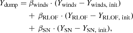 Mathematical equation: $$ \begin{aligned} Y_{\rm dump} =&\ \beta _{\rm winds}\cdot (Y_{\rm winds}-Y_{\rm winds,\ init})\ \nonumber \\&+\,\beta _{\rm RLOF}\cdot (Y_{\rm RLOF}-Y_{\rm RLOF,\ init})\ \nonumber \\&+\,\beta _{\rm SN}\cdot (Y_{\rm SN}-Y_{\rm SN,\ init}), \end{aligned} $$