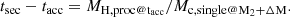 Mathematical equation: $$ \begin{aligned} t_{\rm sec}-t_{\rm acc} = M_{\rm H,proc@t_{\rm acc}}/M_{\rm c,single@M_2+\Delta M}. \end{aligned} $$