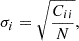 Mathematical equation: $$ \begin{aligned} \sigma _i = \sqrt{\frac{C_{ii}}{N}} , \end{aligned} $$