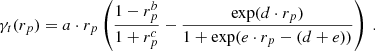 Mathematical equation: $$ \begin{aligned} \gamma _t(r_p) = a \cdot r_p \left( \frac{1 - r_p^b}{1 + r_p^c} - \frac{\exp (d \cdot r_p)}{1 + \exp (e \cdot r_p - (d+e))} \right) \ . \end{aligned} $$